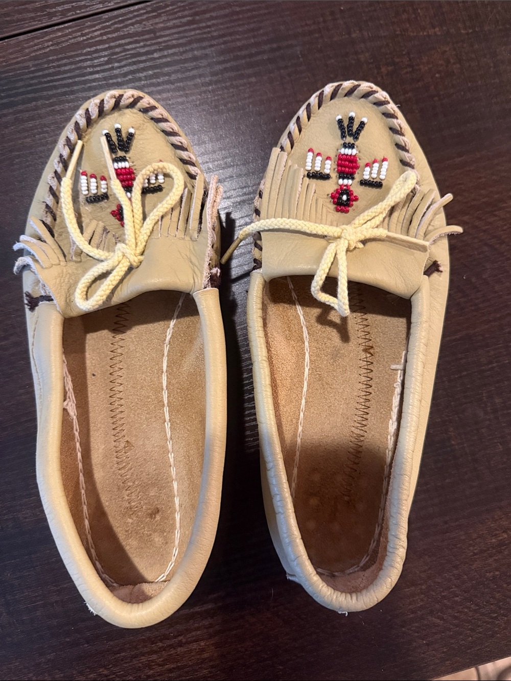 Minnetonka Cream Beaded Fringe Moccasins